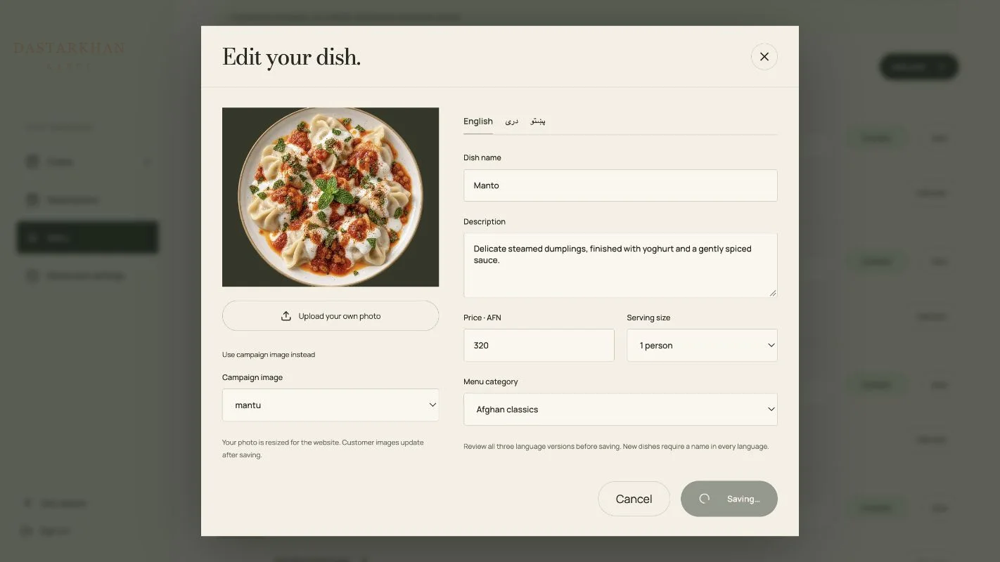 Dish editor: name, price, photo and copy in English, Dari and Pashto